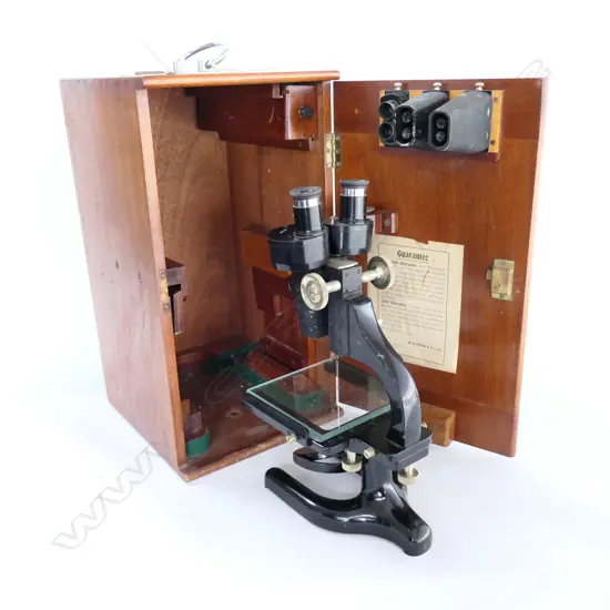 20thC BINOCULAR DISSECTING MICROSCOPE by W. R. PRIOR, IN WALNUT CASE, c.1952